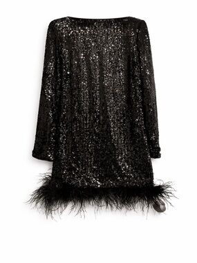 Black Sequin Dress with Feather Trim